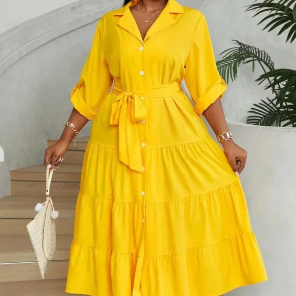 Yellow Casual Women's Plus Size V-Neck Button-Front Long Sleeve Dress - Picture 1 of 6